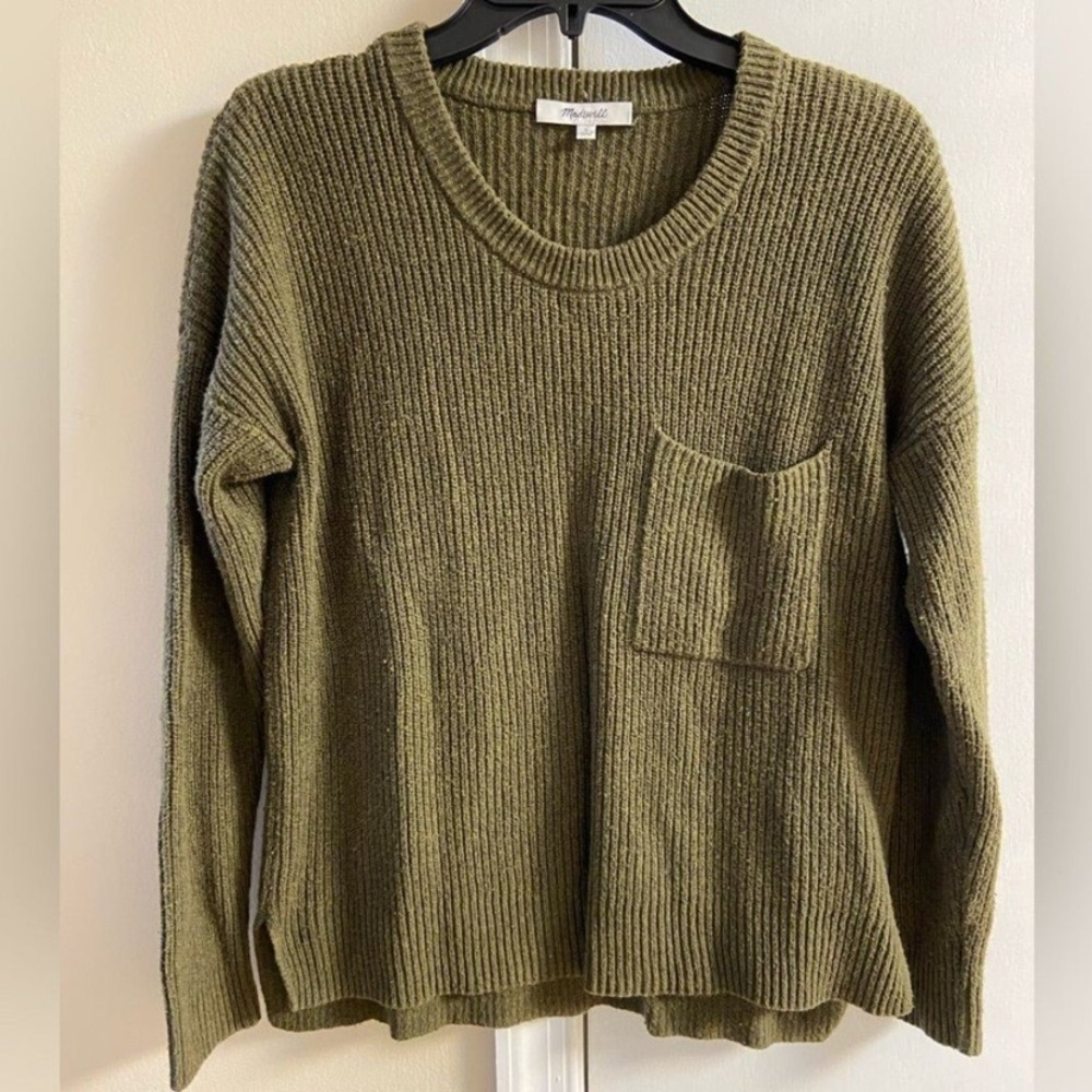 Madewell Olive Crew Neck Sweater with Pocket boxy Small